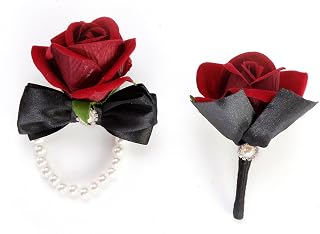 Corsage and Boutonniere Set for Wedding Prom, Artificial Rose Flower Wrist Corsage Bracelets, Homecoming Corsage Wristlet, Boutonniere for Men Wedding Suit Decorations