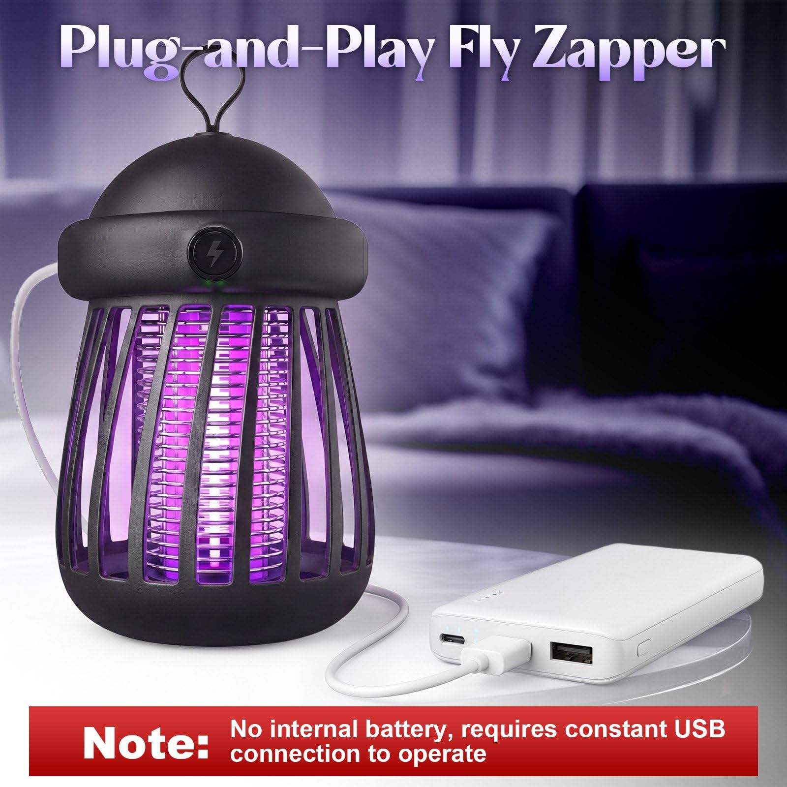 Lampa przeciw owadom zasilana przez USB, pułapka na owady UV, z elektryczną siatką 3000 V i lampką nocną, cicha, wewnętrzna meduza do gonatów, moli, muszek owocowych, 4 szt