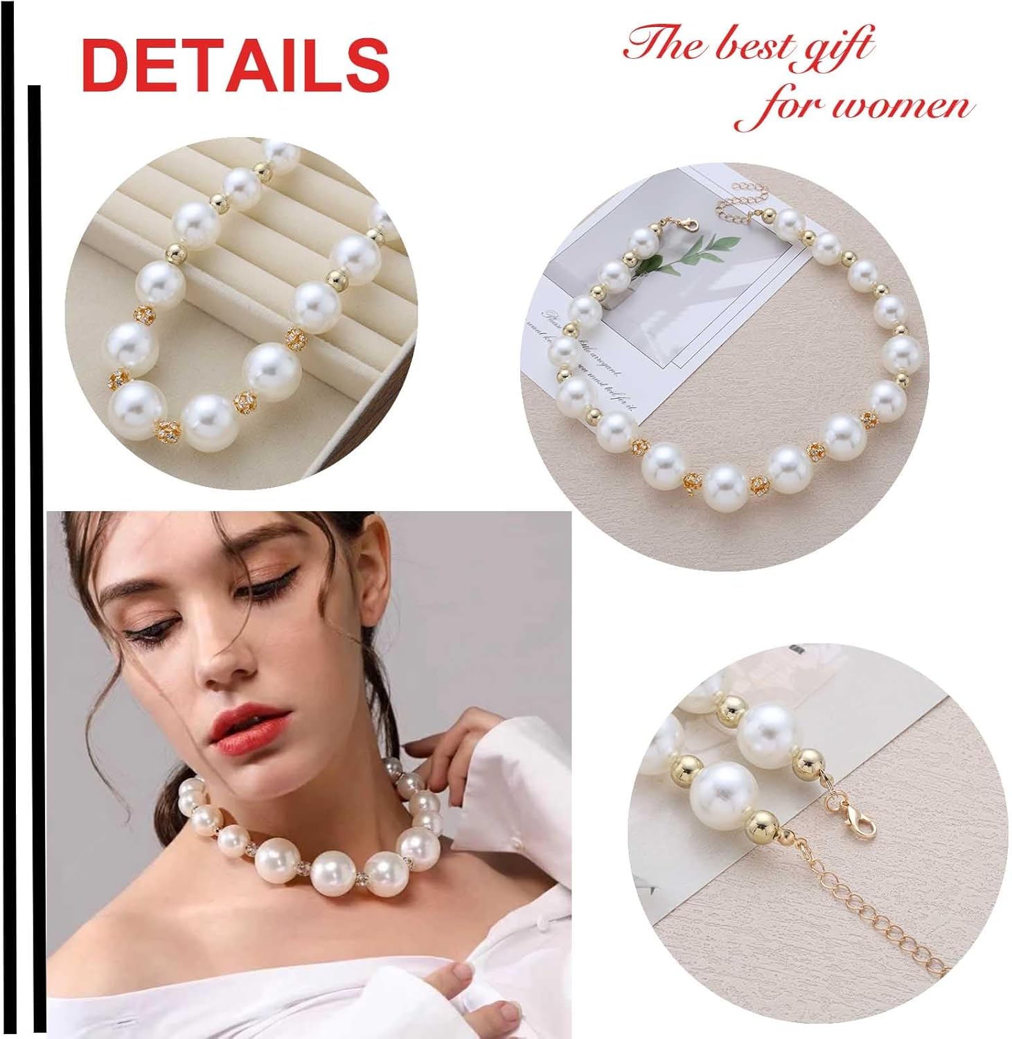 1920s Vintage Big Faux Pearl Strand Necklace for Women Large Chunky Pearl Choker Necklace Chain Statement Pearls Crystal Beads Necklaces Wedding Bridal Prom Costume Accessories Jewelry Gift - Image 5