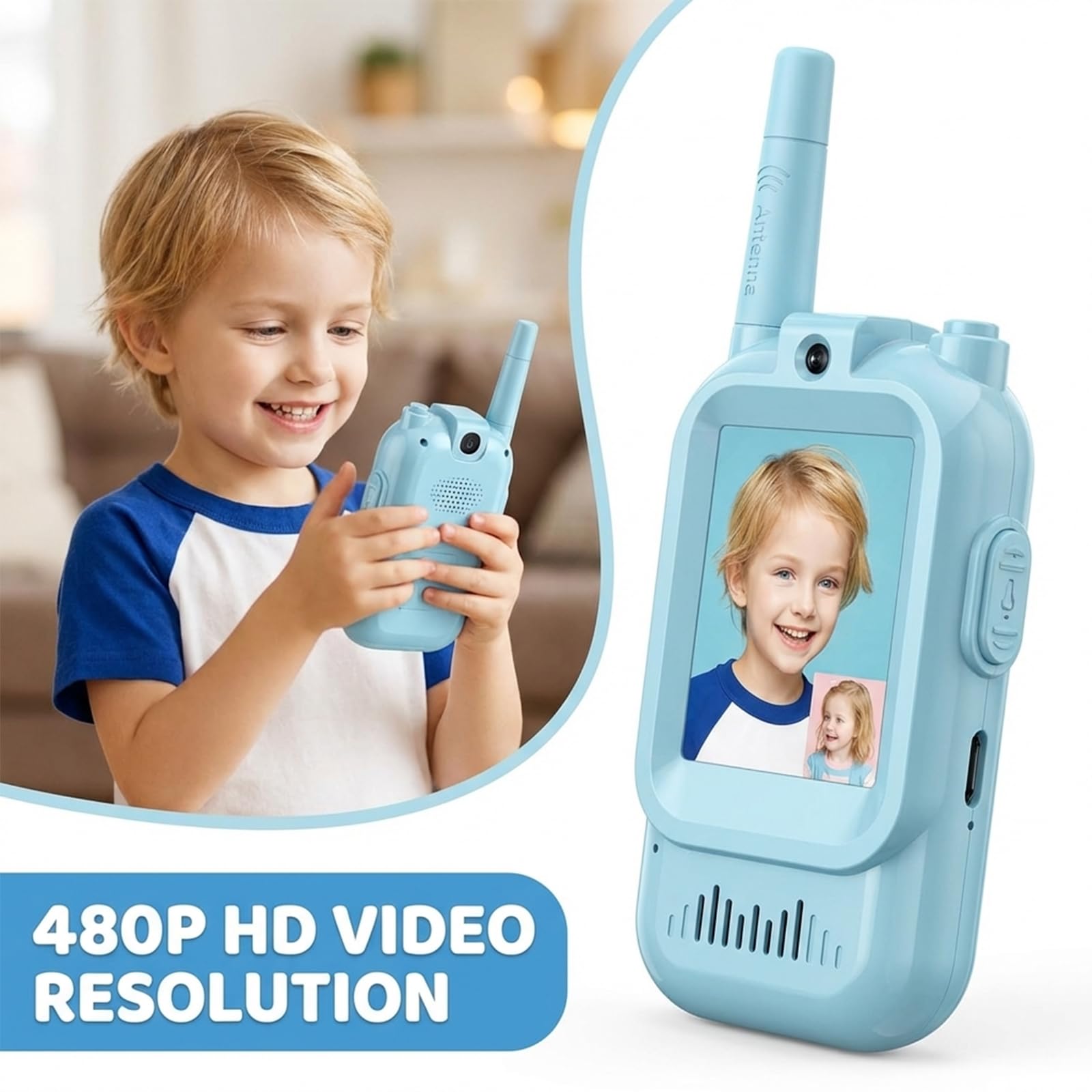 Video Walkie Talkie Niños con Cámara, Set de 2, 4 Efectos de Voz, Alcance 300m, Recargable USB-C, Pantalla LCD, Regalo Cumpleaños para Niña Niño 6-10 Años, Camping Excursión