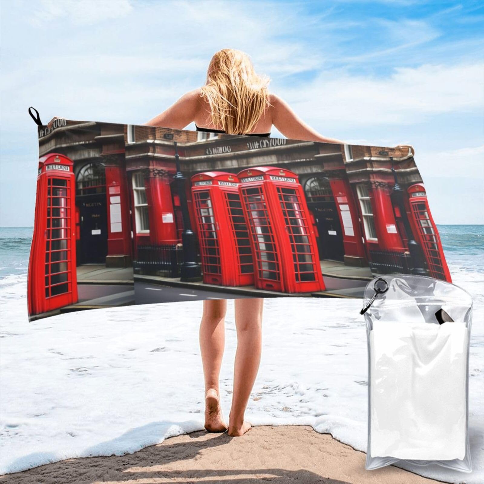 Serviette microfibre motif cabine de Londres 140x70 cm séchage rapide pour voyage et natation