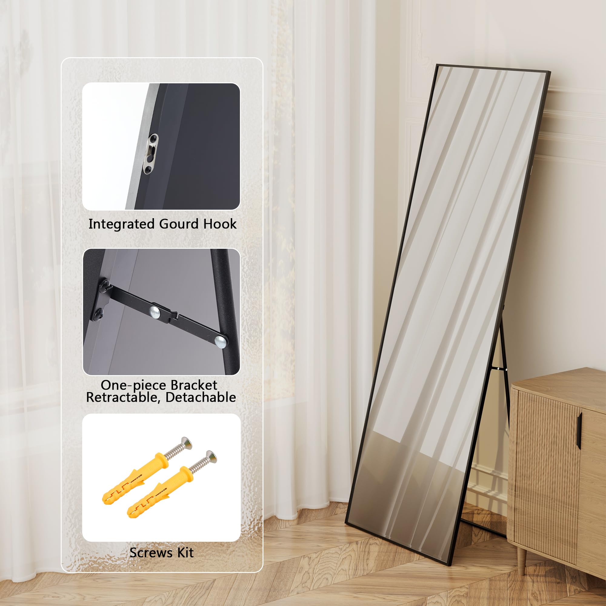 Simple Deluxe Specchio da appendere, 164 x 53 cm, specchio a figura intera per camera da letto, specchio da pavimento con supporto, cornice in alluminio, grande specchio per guardaroba, nero