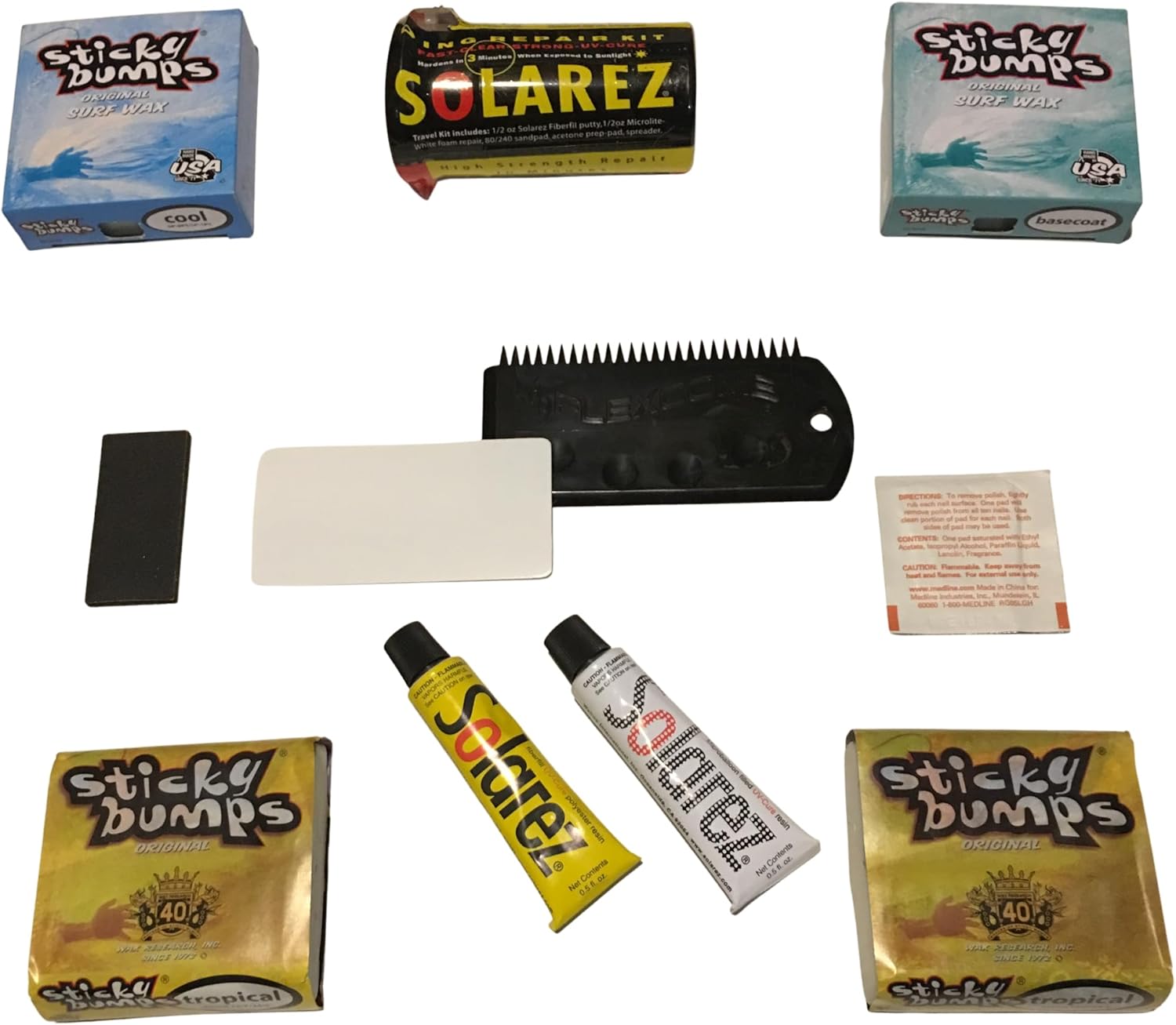 Sticky Bumps Wax plus Solarez UV Cure Resin Ding Repair Kit plus 2 Bars of Tropical, 1 Base Coat, 1 Cool and a Flexcomb to Clean your Board
