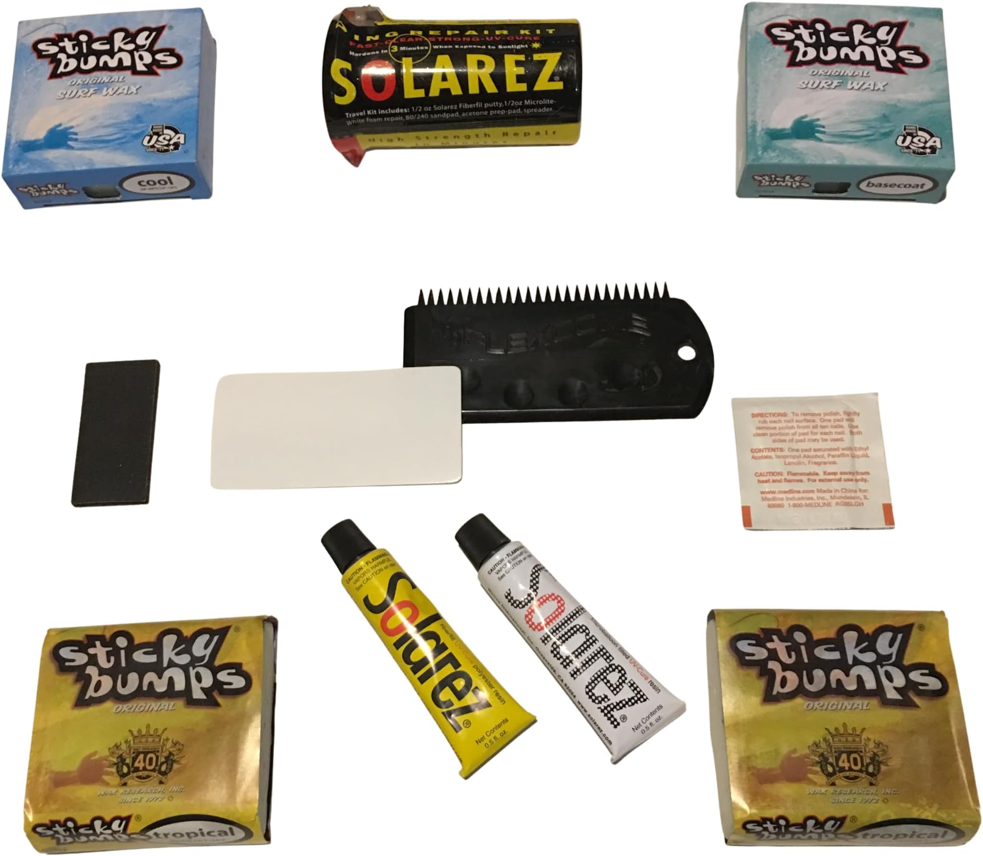 Sticky Bumps Wax plus Solarez UV Cure Resin Ding Repair Kit plus 2 Bars of Tropical, 1 Base Coat, 1 Cool and a Flexcomb to Clean your Board