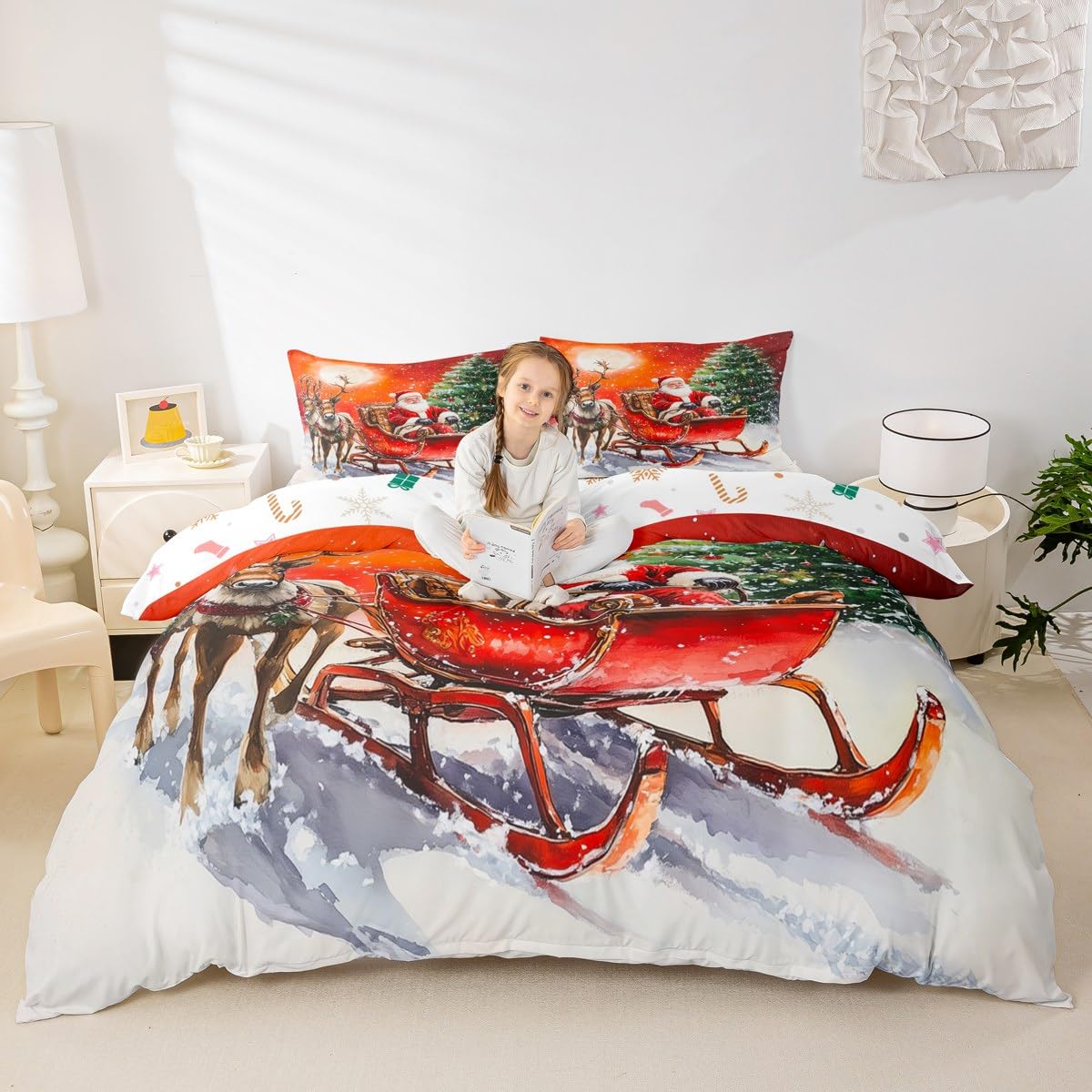 Homewish Świąteczna poszewka na kołdrę w rozmiarze king size, Święty Mikołaj, renifer, łoś, zestaw pościeli, zimowa poszewka na kołdrę z motywem choinki, dla dzieci, chłopców, dziewcząt, dorosłych