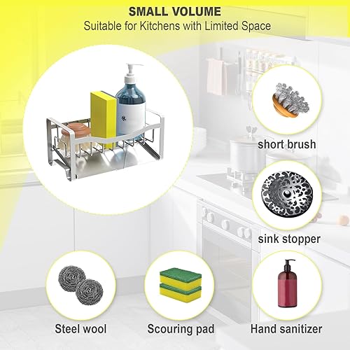 Miniatura 9 de Organizador para fregadero de cocina, soporte de esponja para fregadero de cocina con bandeja de drenaje automático de acero inoxidable, organizador