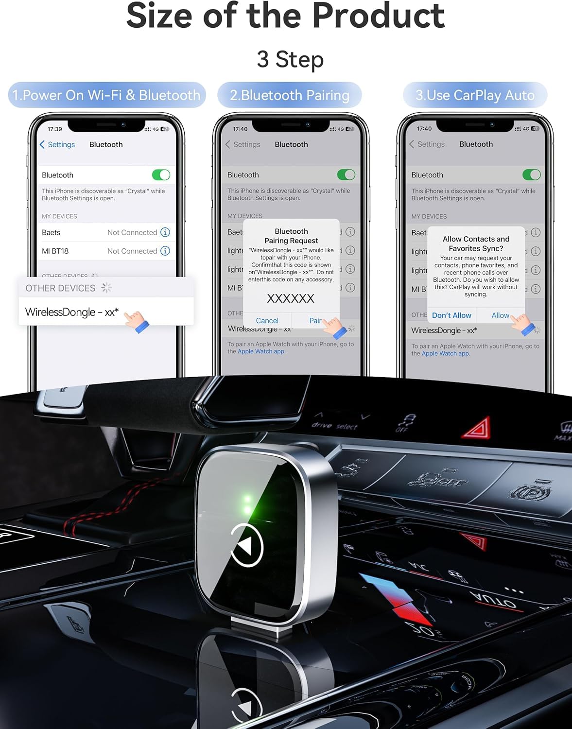 MZU CarPlay bezprzewodowy adapter do iPhone'a – uaktualnienie do bezprzewodowego CarPlay, Plug & Play, USB/Type-C, mini i stabilny bezprzewodowy adapter Car Play, kompatybilny z Apple iOS 10+ i