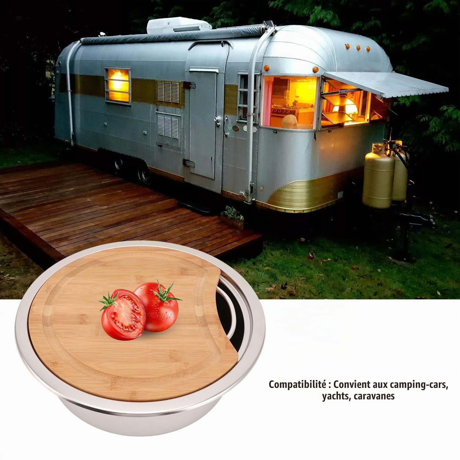 Lavabo évier en acier inoxydable 304 avec lavabo rond en bois massif pour yacht RV Φ360 * 120mm (GR 531D) (surpoids) (surdimensionné) ,Série VR , Pièces détachées pour camping car