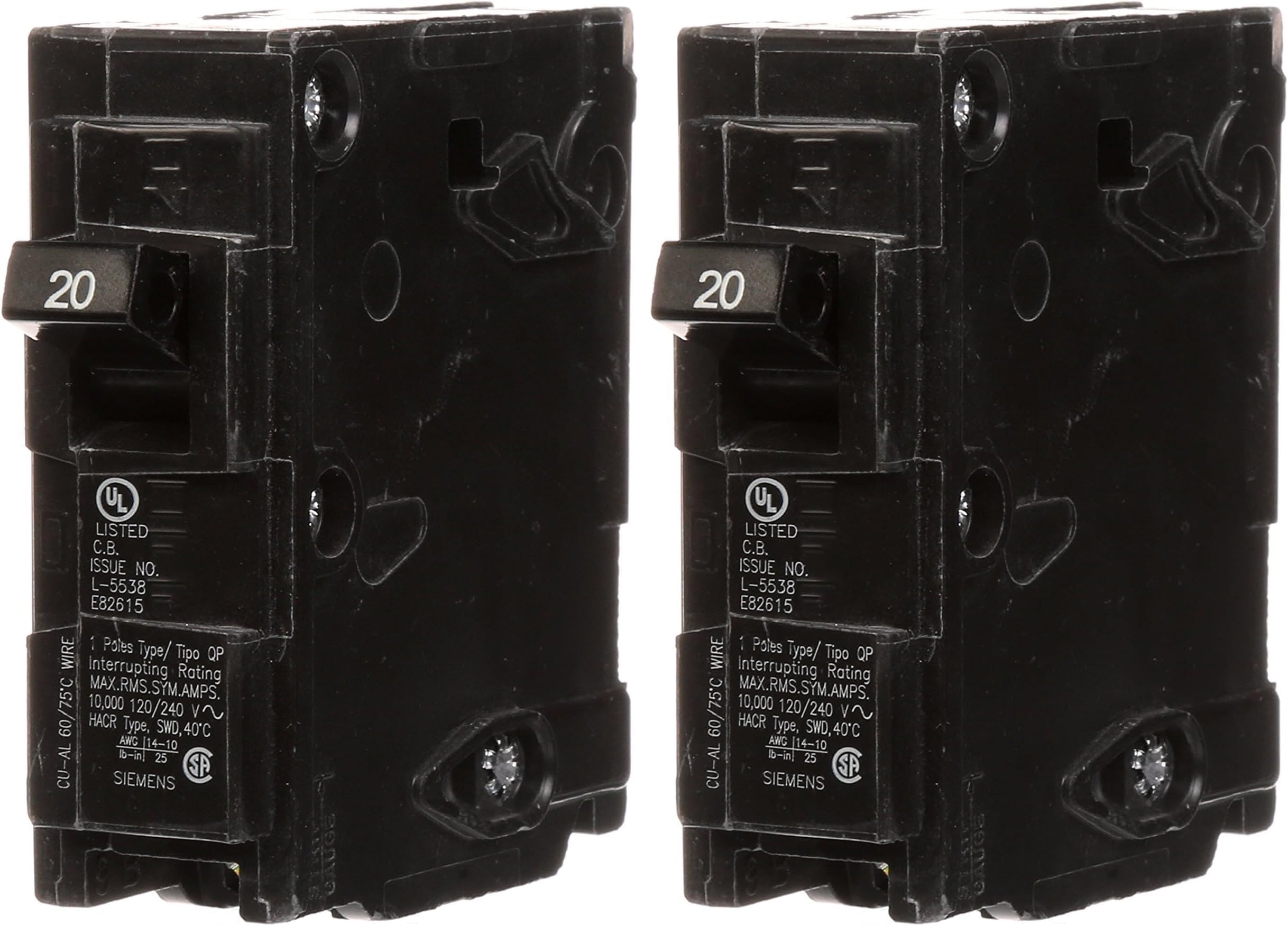 SIEMENS Q120 20-Amp Single Pole Type QP Circuit Breaker,Black (Pack of 2)
