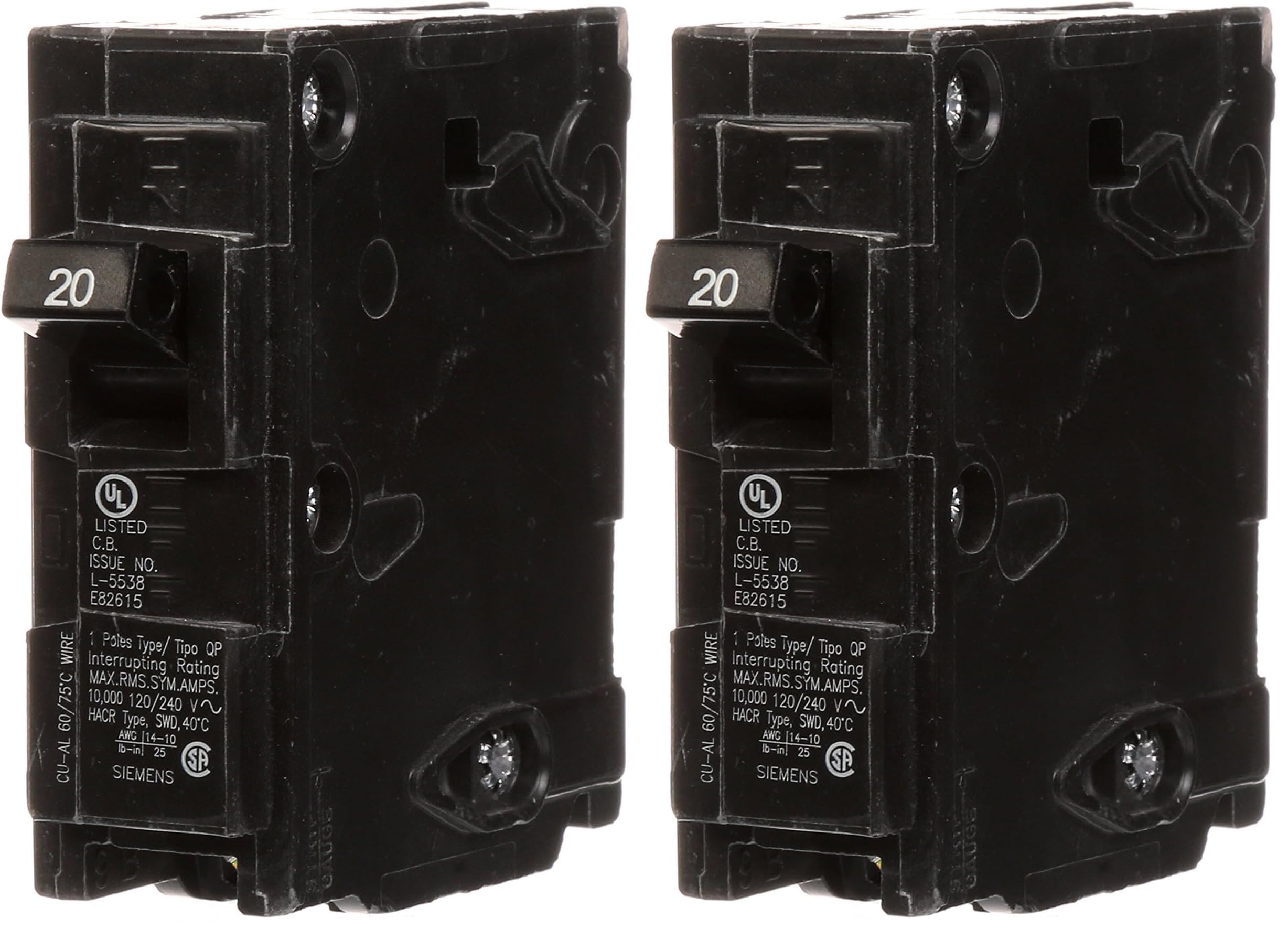 SIEMENS Q120 20-Amp Single Pole Type QP Circuit Breaker,Black (Pack of 2)