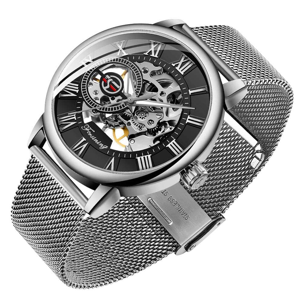 Gosasa Reloj mecánico de cuerda manual para hombre, ultrafino, esqueleto hueco, pulsera de acero inoxidable, reloj de pulsera de malla, Plateado negro, Moderno