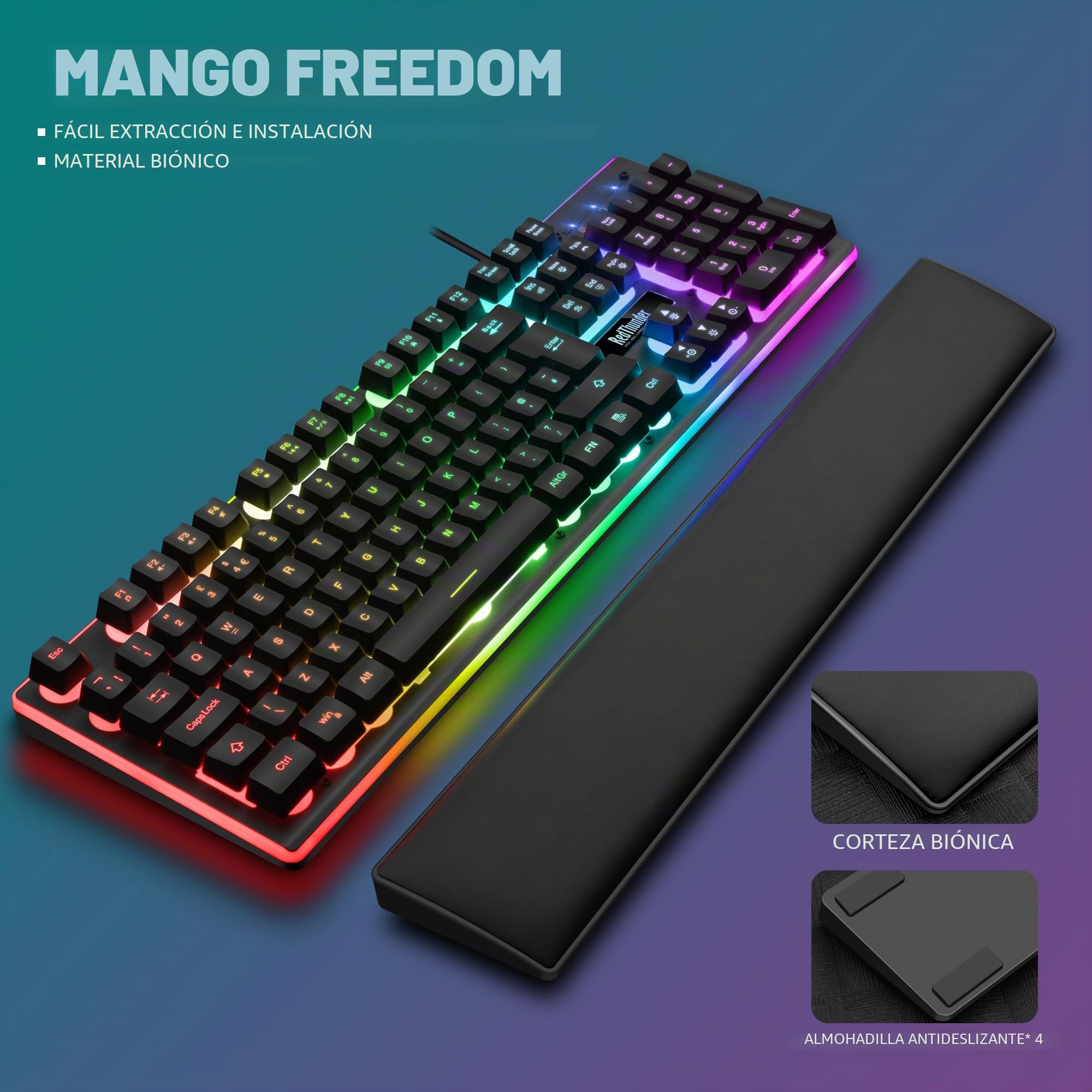RedThunder K10 Combo de teclado y ratón para juegos con cable, diseño del Reino Unido, tacto mecánico ergonómico teclado antifantasma + ratón 7D 3200 DPI para PC, Mac (negro)