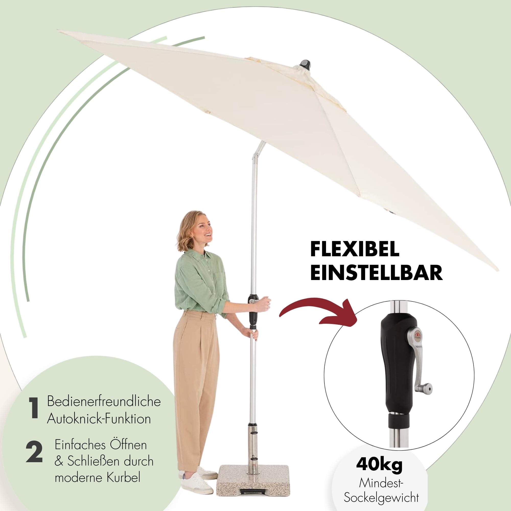 Doppler Sonnenschirm für den Garten SL-AZ Auto Tilt 330 cm Fresh Green I Gartenschirm knickbar I Kurbelschirm mit UV-Schutz 80+ I Kurbelschirm aus Aluminium I regenabweisendes Polyester-Schirmdach