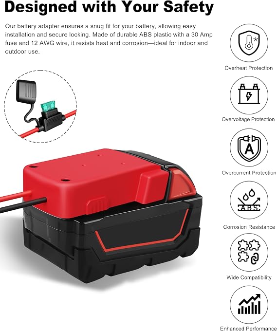 2 Pack 18V Adapter for Milwaukee M18 Battery Adapter Compatible with Power Wheels Battery Conversion Upgrade Kit for DIY Rc Car Toys, Robotics and Rc Truck with 30A Fuses Wire Terminals 12AWG Wire