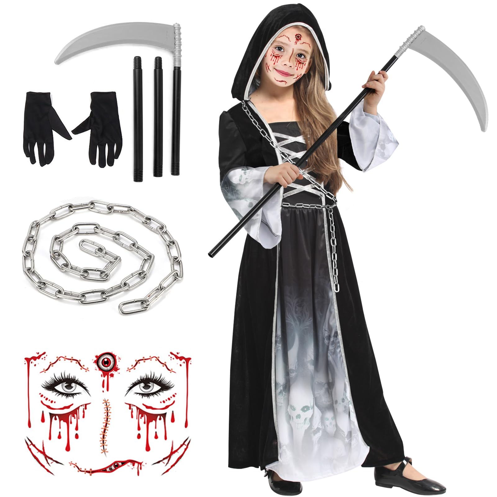 Grusel Kostüm Für Mädchen Sensenmann Kostüm Set Für Mädchen - Komplettset  Mit Sense \u0026 Accessoires Für Halloween Halloween Kostüm Mädchen 12 Jahre, image size:1600x1600