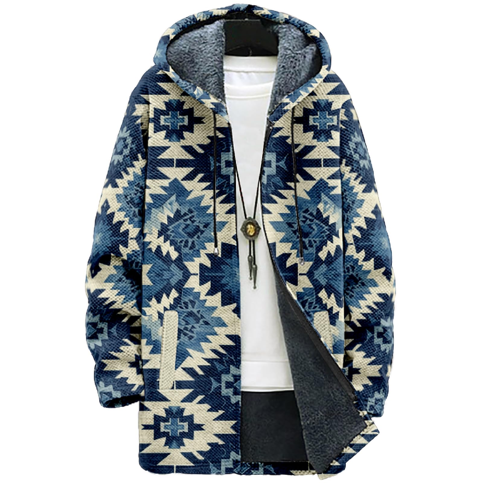 MARSVOVO Aztec Ethnic Mens Cardigan Sweater Fall Zip Up Long Coat with Hood Casual Stylish Fleece Lined Knit