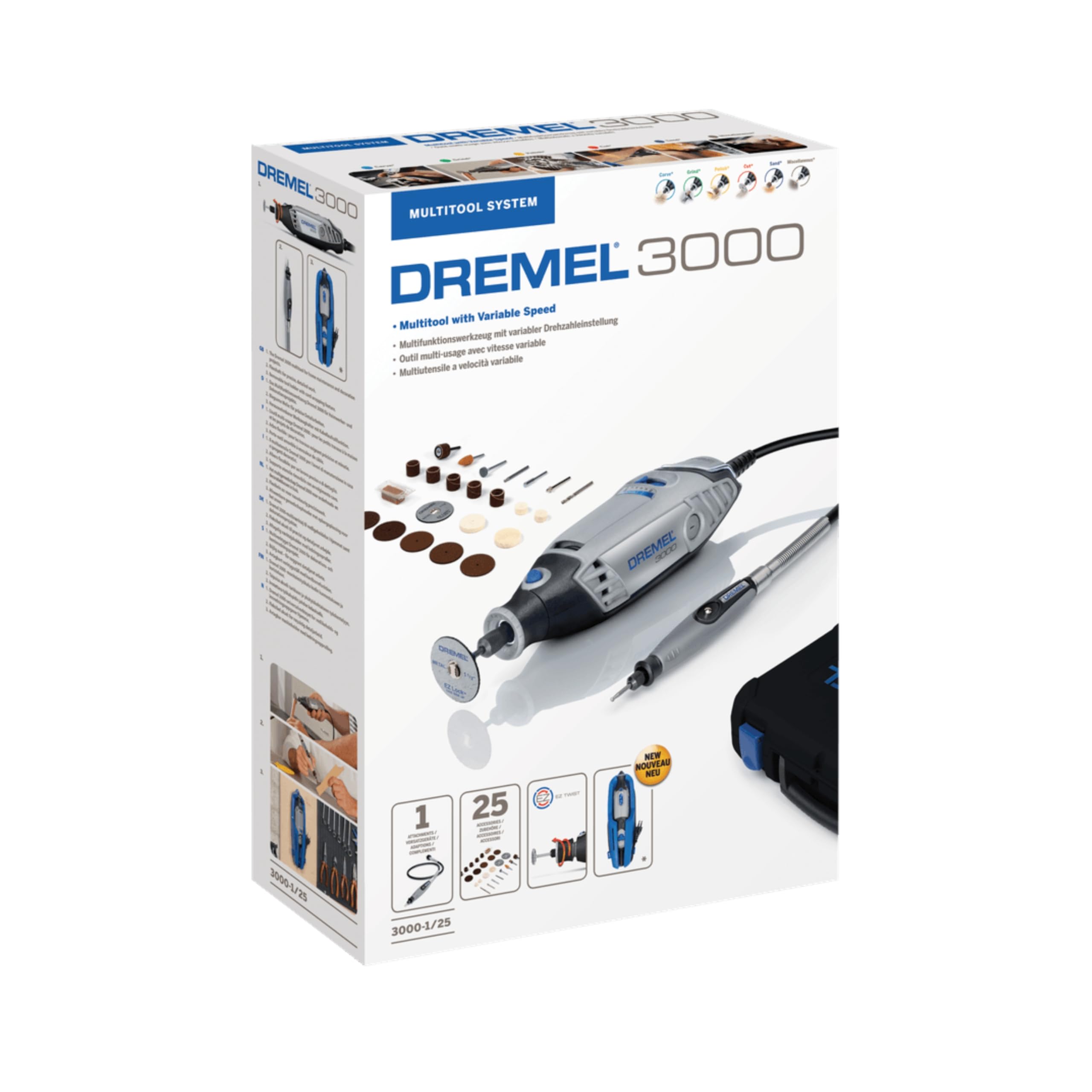 Dremel 3000 Outil Rotatif Multifonction 130W avec 1 Adaptation 25 Accessoires, Vitesse Variable 10000-33000 tr/min pour Découper, Poncer, Percer, Nettoyer, Sculpter, Polir, Graver, Meuler