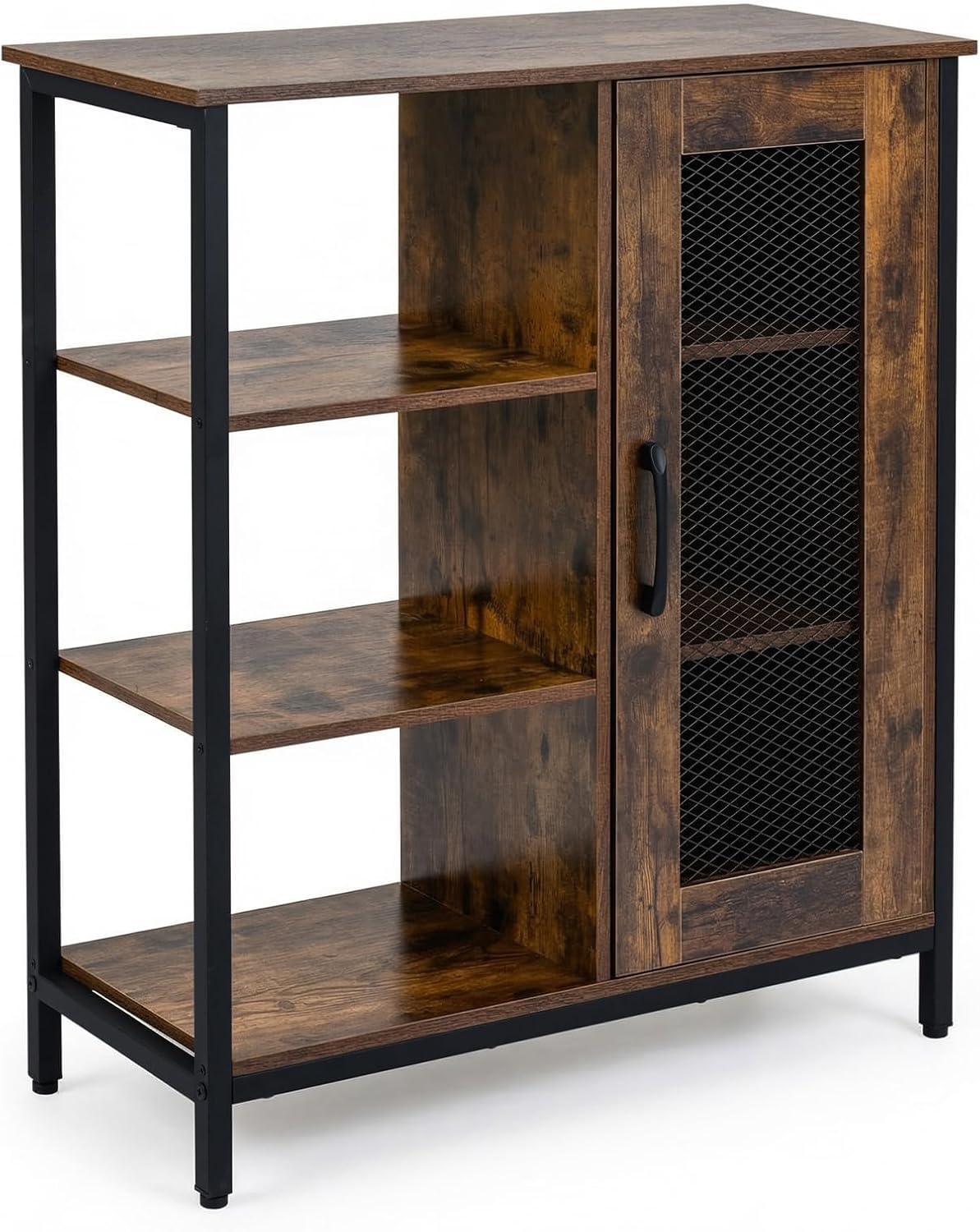 Wooden Sideboard Kitchen Cabinet with Door, Open Shelves and Adjustable Shelves, Carbon Steel Frame, Vintage Buffet Cabinet, 70 x 30 x 81 cm (Brown)