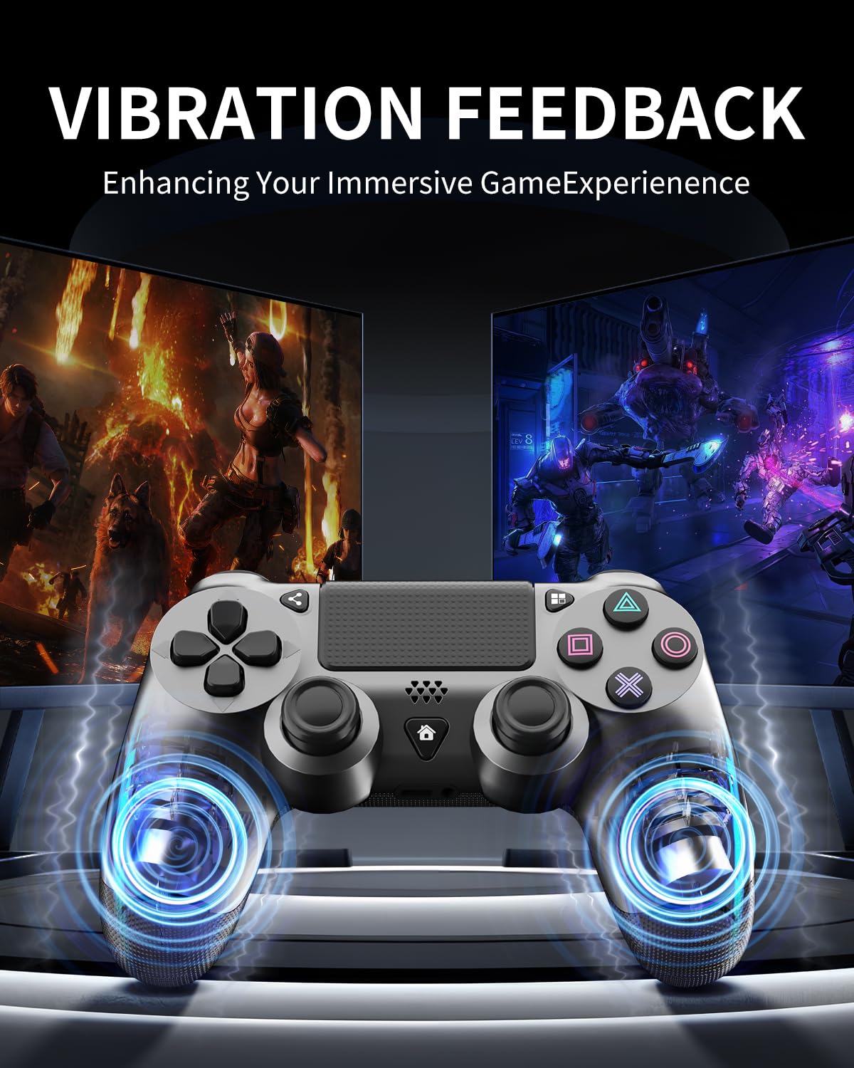 ThinTree Steel Black Wireless Controller Compatible for PS-4/Pro/Slim/PC, (Includes A Pair of Joystick Caps and Cushioning Pads), Dual Motor Vibration/Ergonomic Design/Motion Sensing/3.5mm Audio Jack