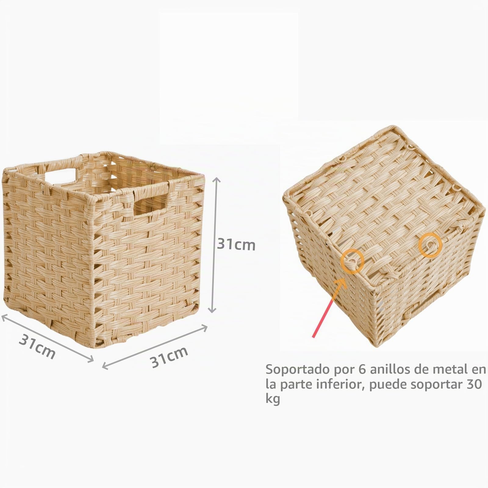 Caja de almacenamiento, 31x31x31cm de ratán sintético Kallax, cesta de almacenamiento para juguetes, ropa, estante, armario para niños, impermeable, sin moho (4 piezas, beige claro)
