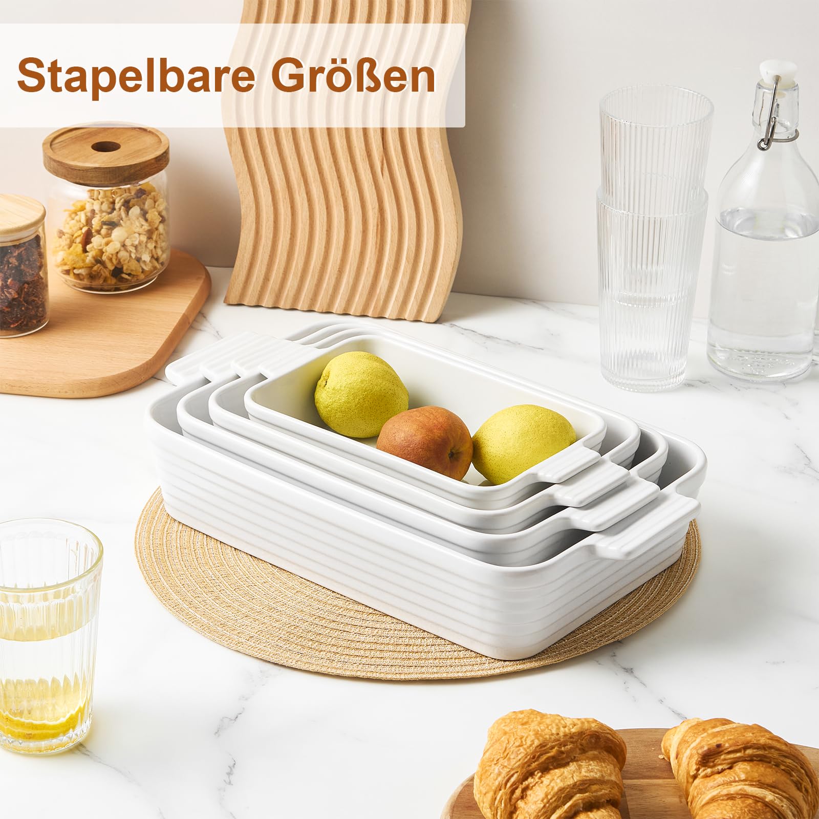 Jassceram Auflaufform Keramische Set von 4 tiefen rechteckigen Lasagne Pfanne Backformen mit Griffen große Porzellan Backofen sicher Backformen für das Kochen Brownie Bankett