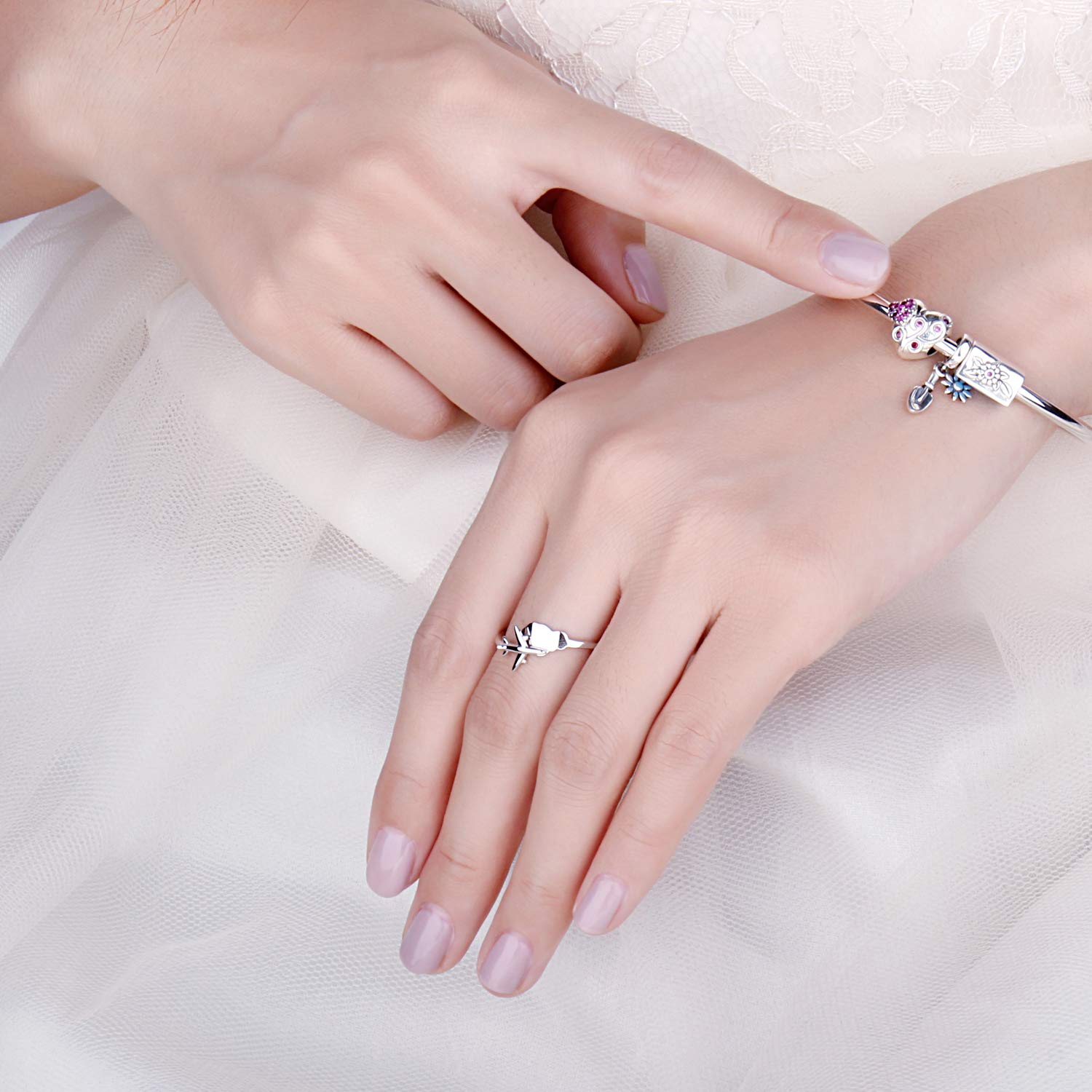 JewelryPalace Anillo Ajustable Mujer Plata Oro 14k Oro Rosa, Anillo Abierto de Avión y Nube, Anillos Niña de Moda Joyería Personalizada, Anillo de Plata Liso, Joyas de Mujer