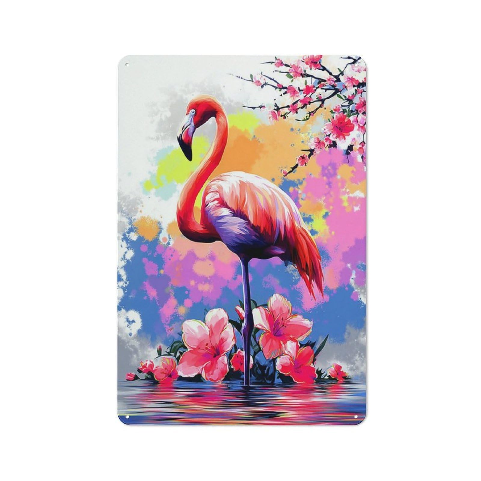 Junmoney Flamingo In Water With Flowers Retro Metal Wall Sign 30X20cm For Hobby Room Or Studio, For Garage, Workshop And Man Cave Decoration