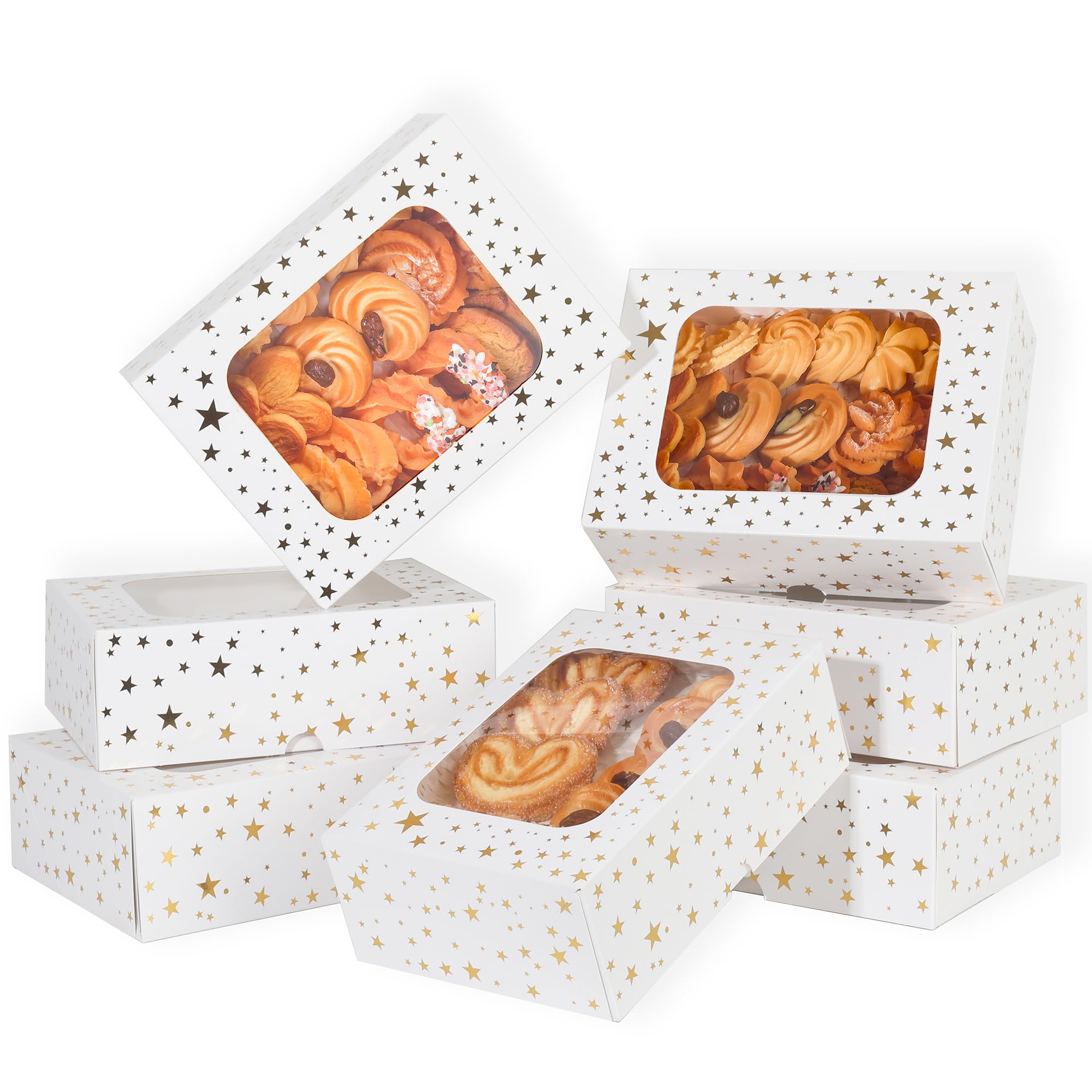24Pcs Christmas Cookie Boxes with Window - Gold Foil Star Pastry Boxes for Gift Giving, Bakery Boxes, White Christmas Cookie Tins with Lids,Dessert, Donut, Baked Goods Packaging