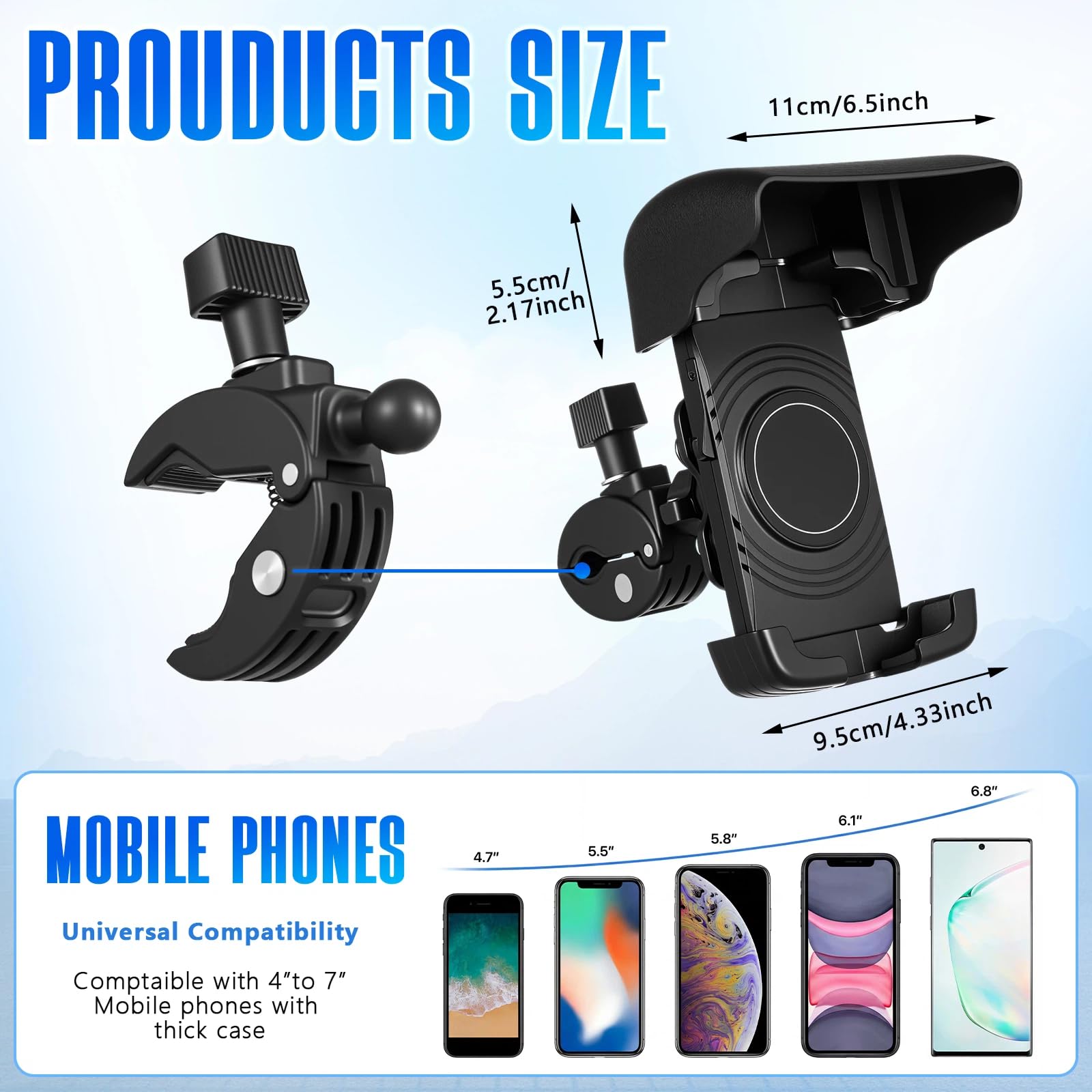 Tellegloww 1 supporto per telefono da barca, supporto per telefono cellulare con parasole, nero regolabile a 360 gradi, morsetto a granchio, accessorio per smartphone, per barca, auto, ciclismo