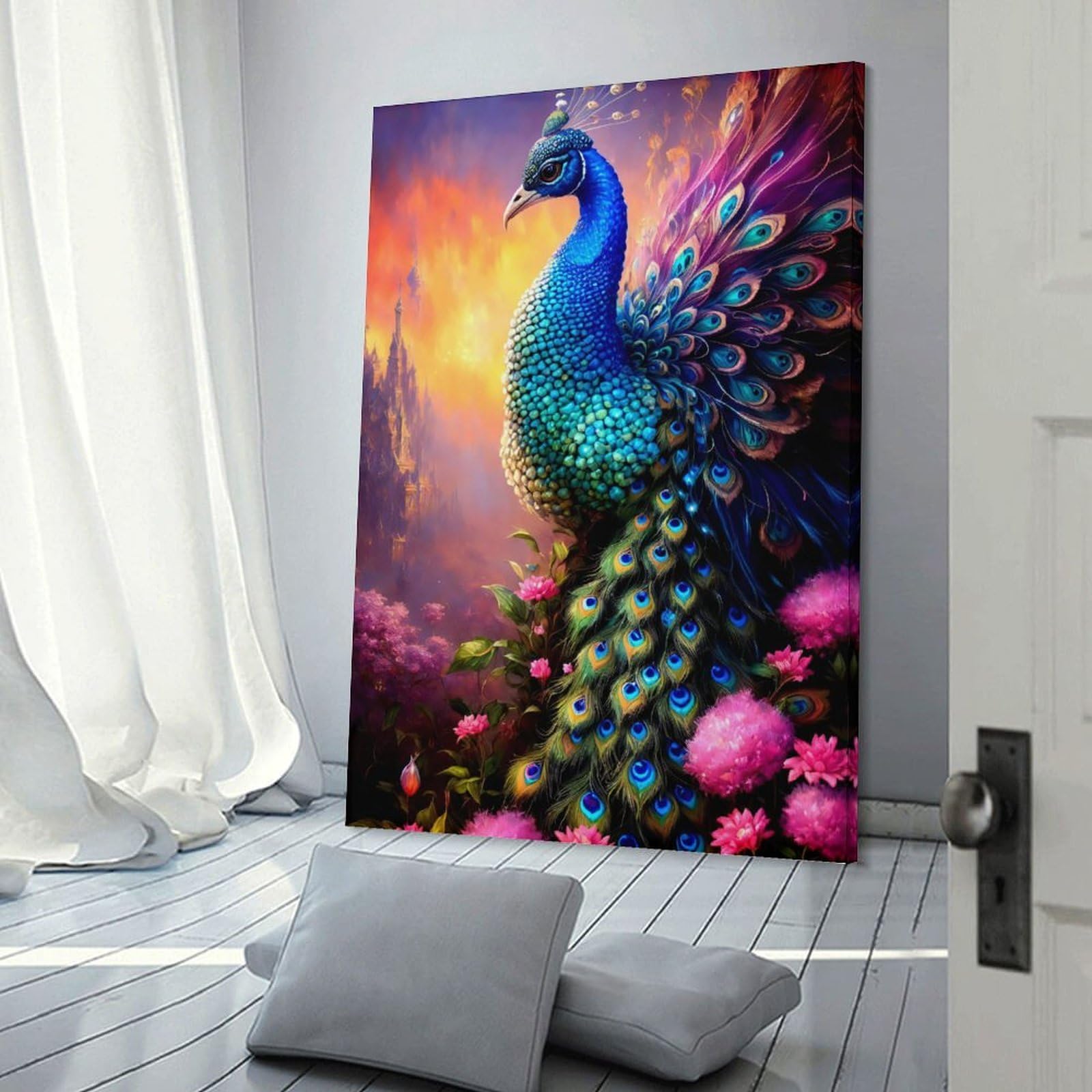 Junmoney Frame-Style-8 Decorative Wall Artwork Colorful Peacock Fantasy Art, 20X30inch(50X75cm), For Contemporary Homes, Apartments Or Offices, An Easy Choice For New Home Styling