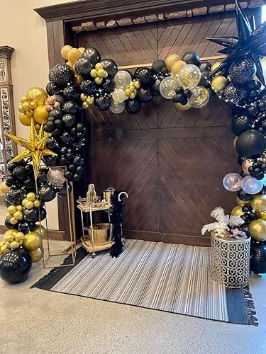 Miniatura 7 de Kit de arco de globos en blanco y dorado, kit de guirnalda de globos de látex de confeti negro dorado con globos de estrella 4D de 22 pulgadas para