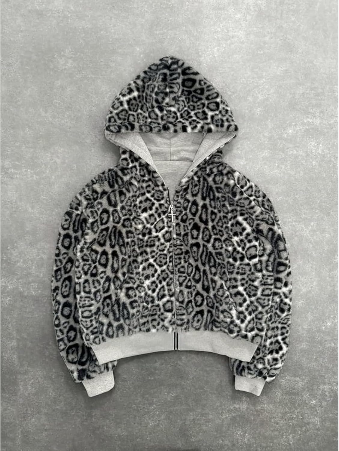 Fleece Lined Leopard Print Zip Up Hoodie Jacket Casual Loose Fit Pocket Street Style Warm Comfortable Streetwear - Image 3