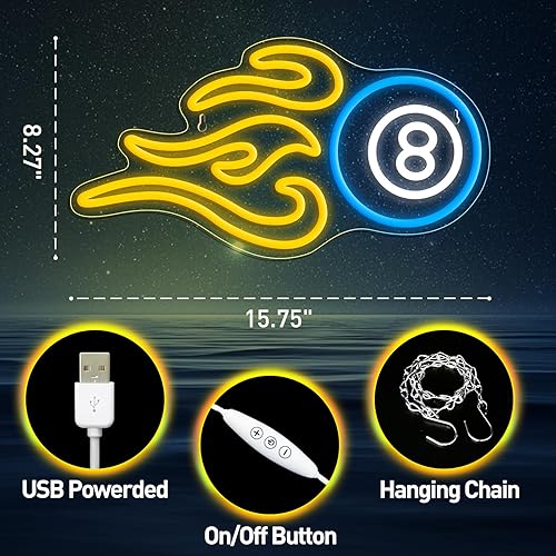 Miniatura 2 de Letrero de neón de billar para decoración de pared, regulable, negro, 8 luces LED, letrero alimentado por USB para sala de juegos, fiesta, bar,