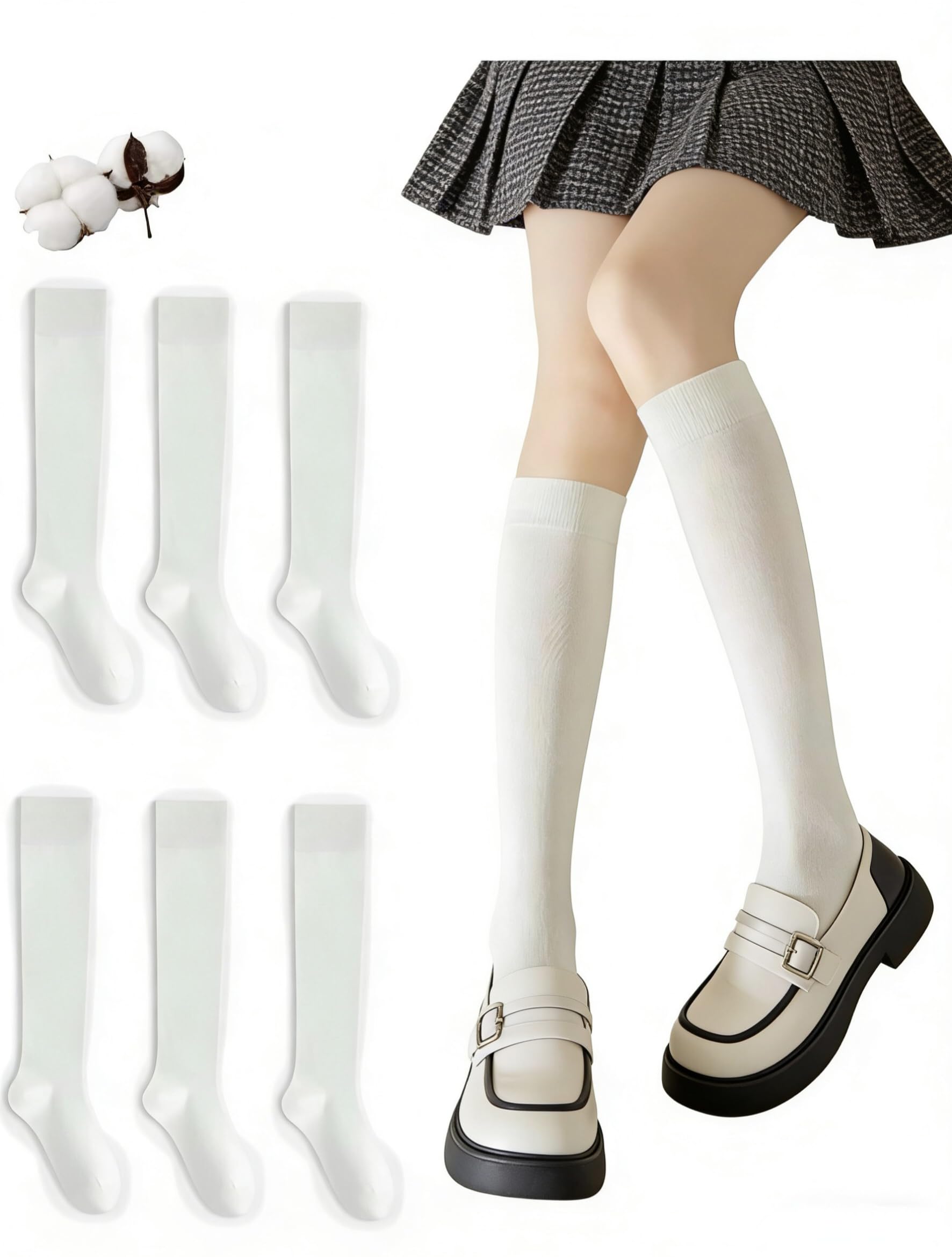 CYS Calcetines 6 Pares De Colegio Escolares Medias Largos Altos Algodón Hasta rodillas Lisos Para Niñas Niños Infantiles Uniformes Unisex — view 16