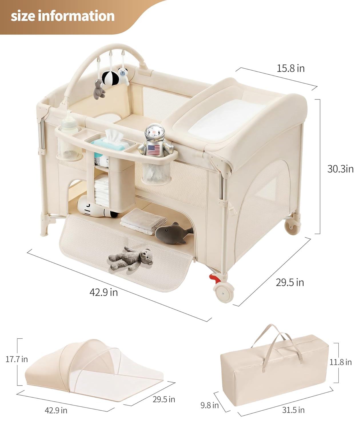 4 in 1 Baby Bassinet Bedside Crib with One-Hand Setup & Waterproof Mattress – ASTM-Certified Pack and Play, Portable Foldable Playard with Diaper Changer for Newborn to Toddler(Khaki) - Image 4