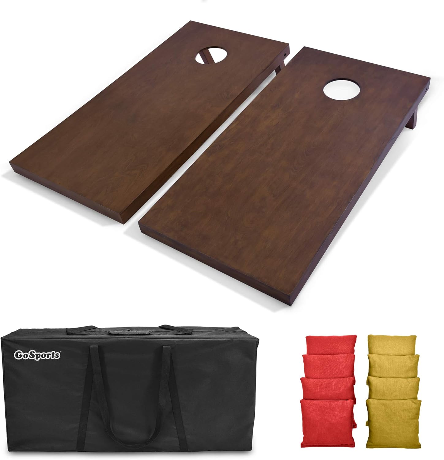 GoSports 4 ft x 2 ft Regulation Size Wooden Cornhole Boards Set with Dark Brown Finish - Includes Carrying Case - Red & Gold