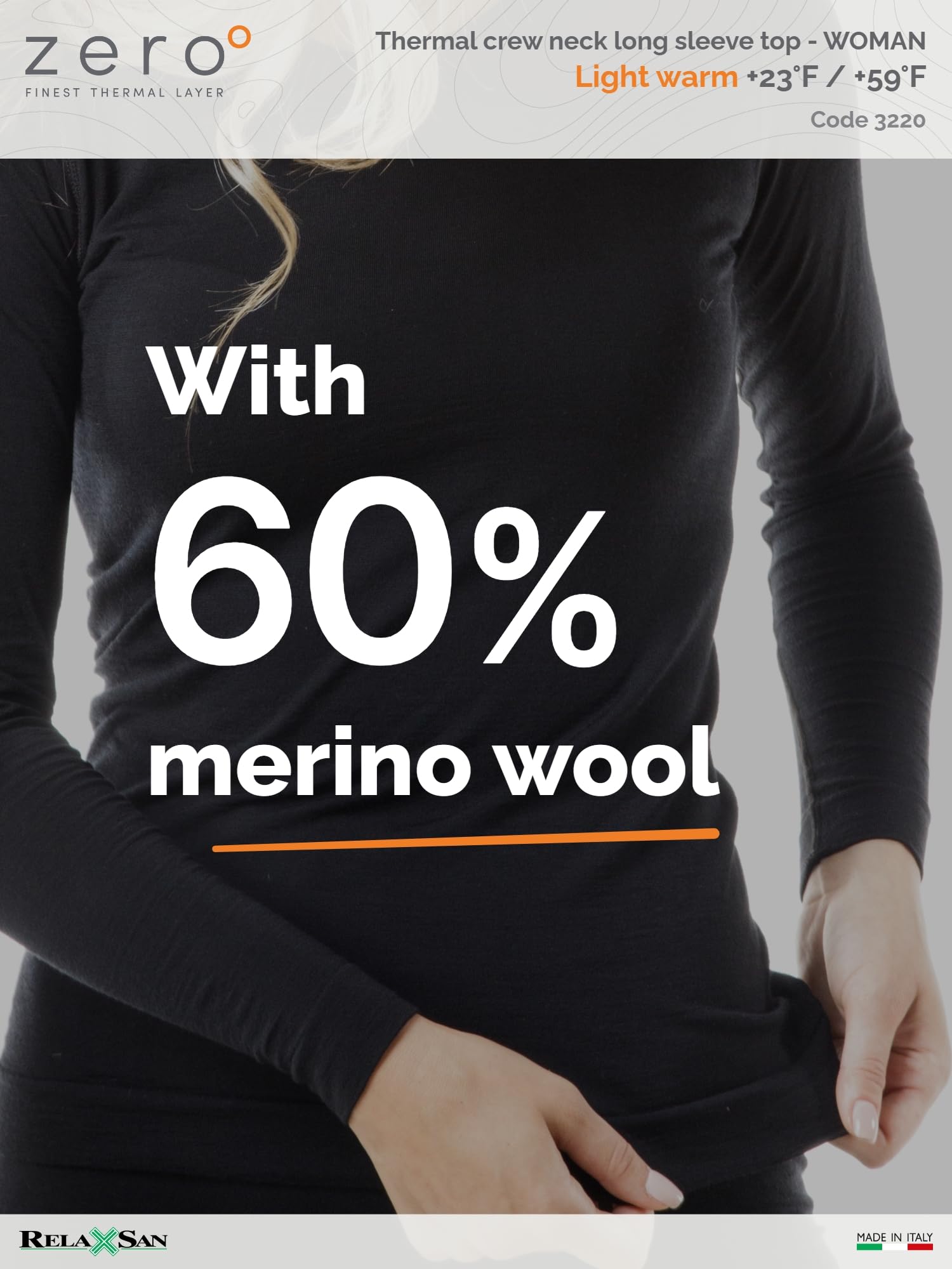 Relaxsan Zero 3220 (Black, XL) Women's Thermal Long Sleeves Vest Breathable Baselayer Underwear in Dryarn Fiber and Merino Wool