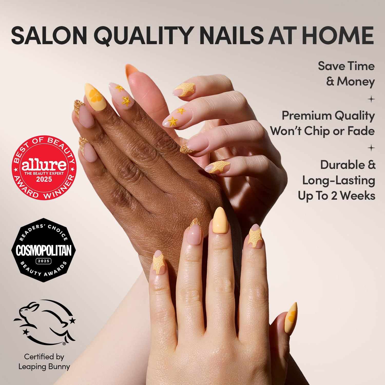 Glamnetic Press On Nails - Sunny Shores | Short Almond Orange Fake Nails with 3D Starfish, Salon Quality Summer Nails | 15 Sizes - 30 Nail Kit with Glue