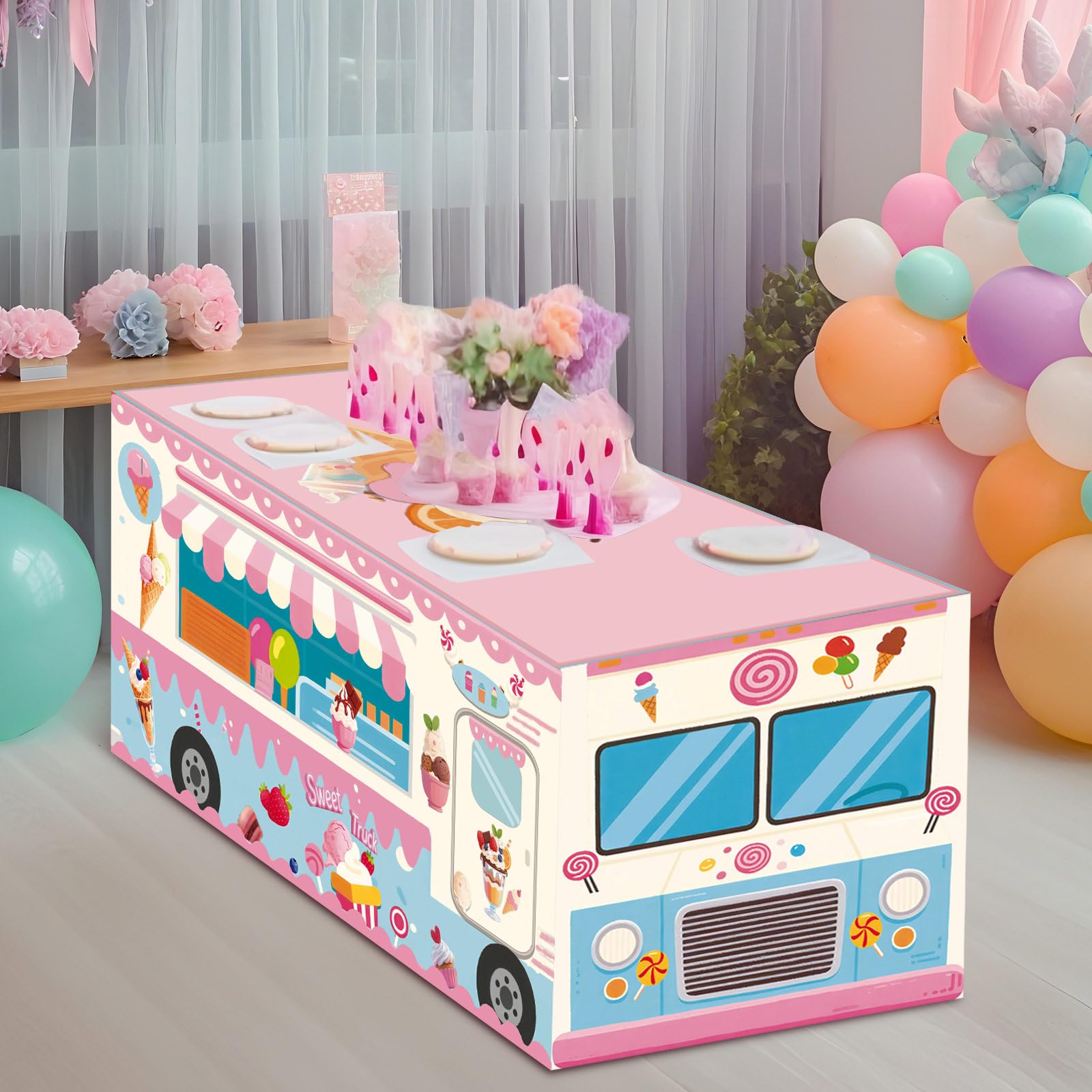 Oudain 6 ft Ice Cream Tablecloth Ice Cream Social Party Supply 72 x 30 | Washable Polyester Fabric, Sweet Dessert Cart, Rectangle Table Cover, for Birthday Baby Shower Party Supplies, Summer Decor