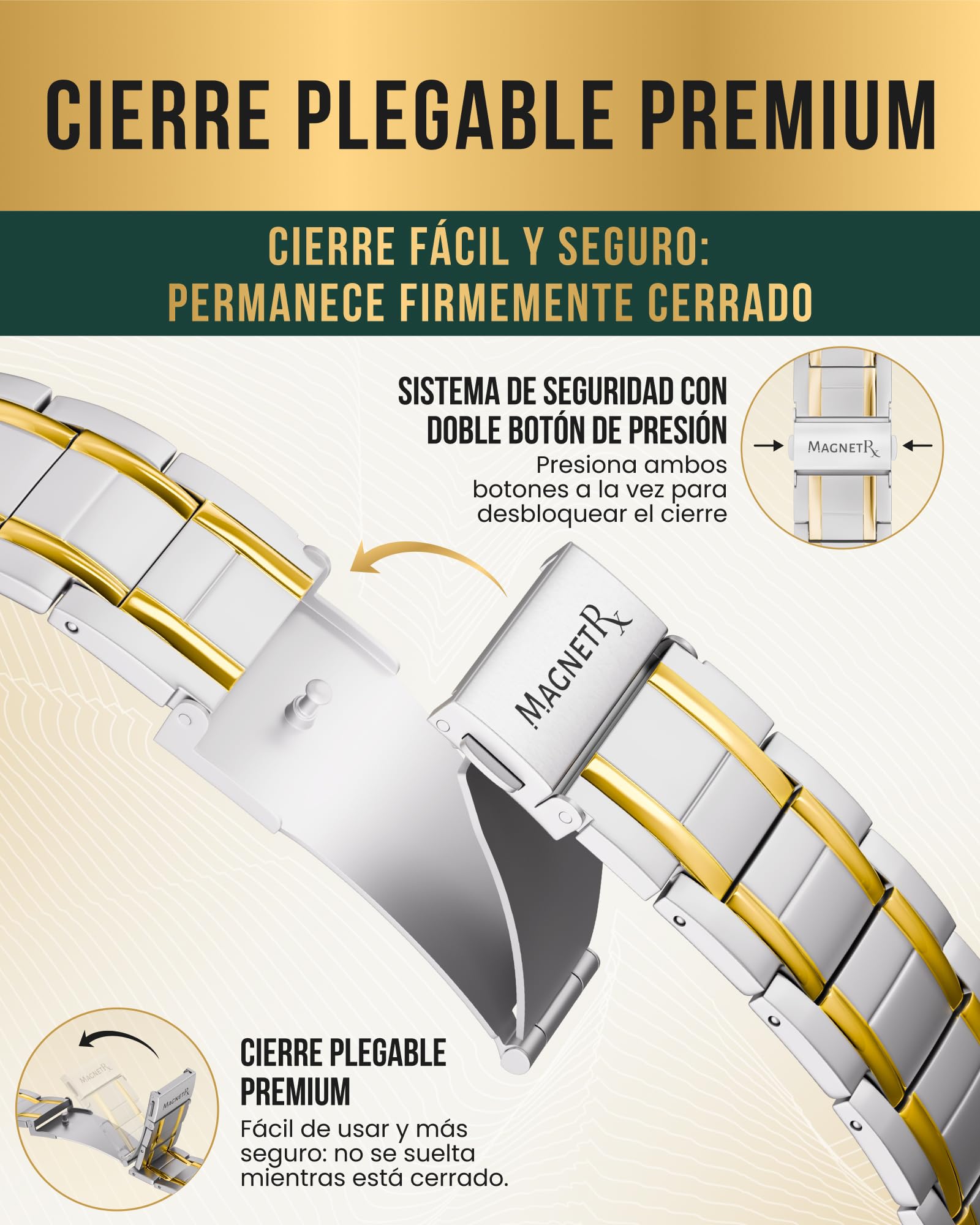 MagnetRX® Pulsera magnética de titanio 3X Fuerza – Pulseras magnéticas para hombre – Cierre plegable premium y longitud ajustable con herramienta de tamaño(Oro plateado)