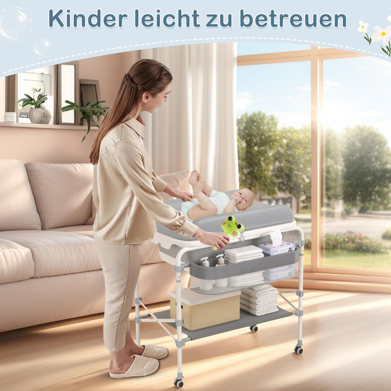 Wickeltisch für Babys mit Badewanne, mit 4 360° geräuschlosen Rädern, wasserdichter mobiler Wickeltisch mit Ablagekorb, klappbar, max. Belastbarkeit 50 kg, geeignet für 0-36 Monate