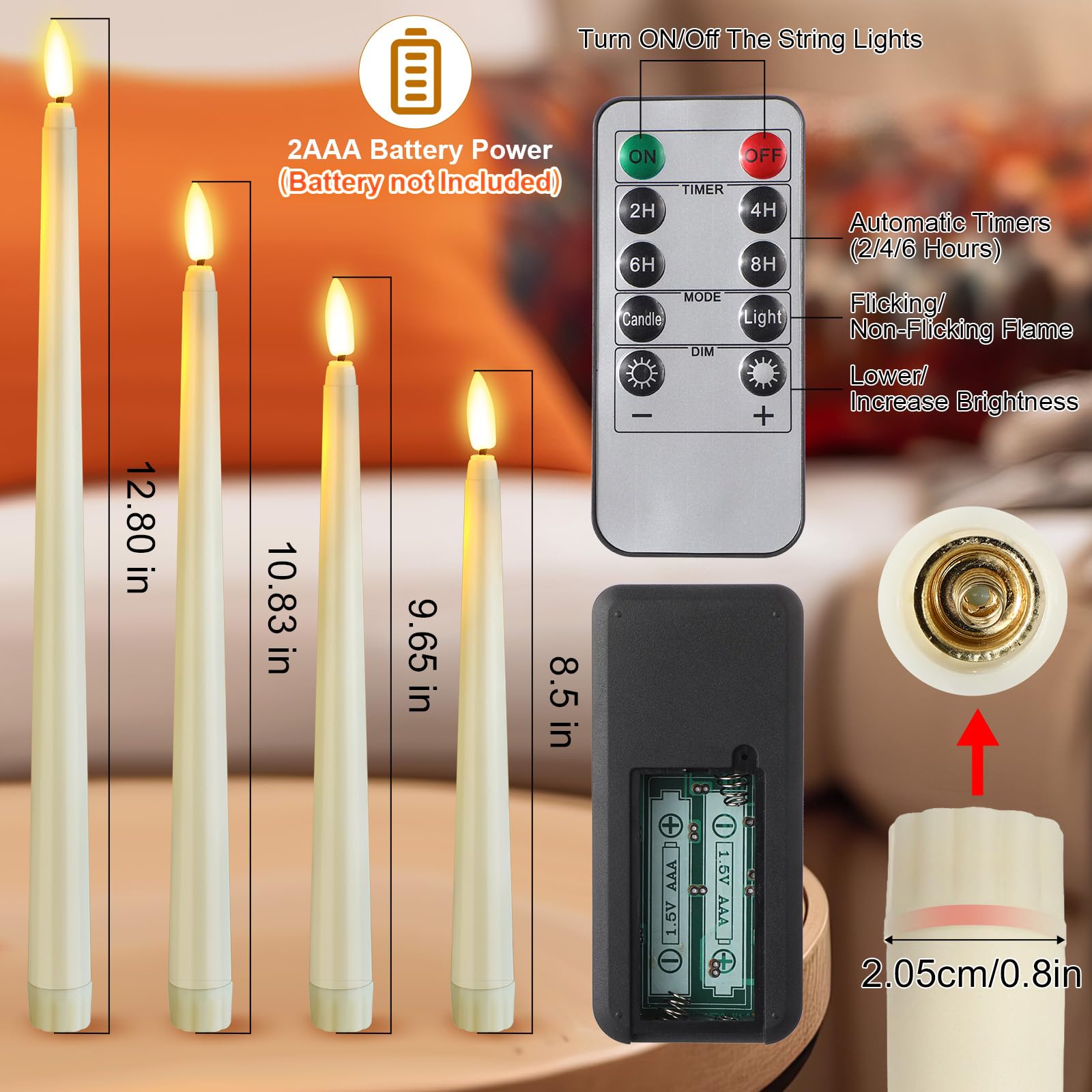 Rossesay 16 velas cónicas sin llama con temporizador remoto, 4 tamaños (8.5, 9.6, 10.8, 12.8 pulgadas), LED, Marfil