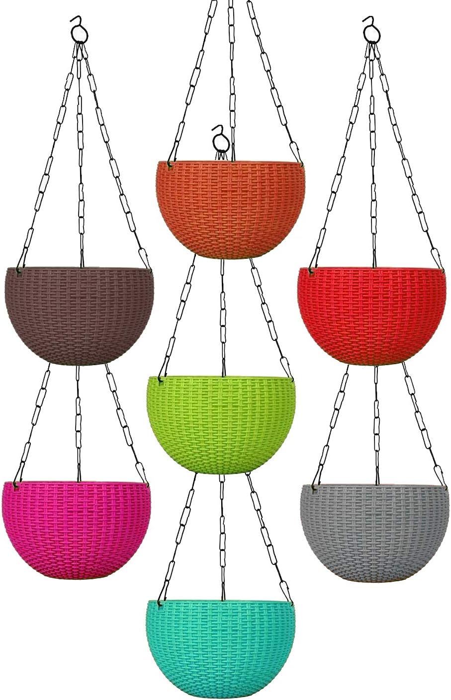 7.1" Plastic Rattan Hanging Basket/Hanging Pots with Metal Hanging Chain/Multicolored Hanging Planters- Set of 7 (Flowers Not Included)