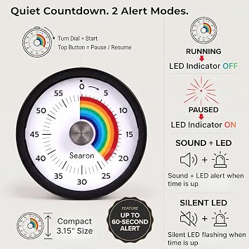 Searon Magnetic Visual Timer, 60Minute Rainbow Countdown Dial (Black)