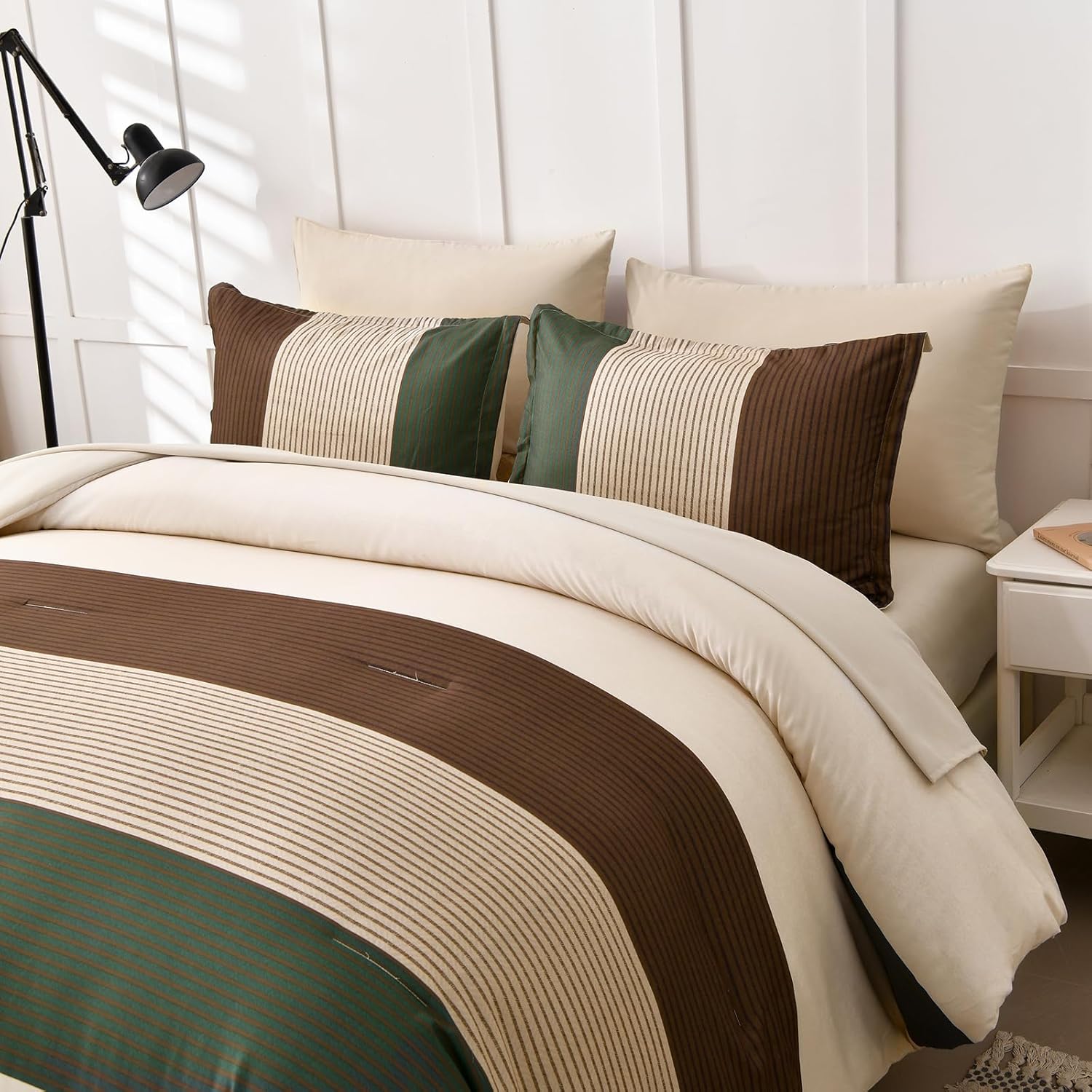 Anibedding Striped Comforter Set Queen Size, Boho Brown Green Striped Bedding Comforter Set 7 Piece Bed in a Bag, Soft Microfiber Down Alternative Farmhouse Bedding Set for All Season(90"x90") - Image 4