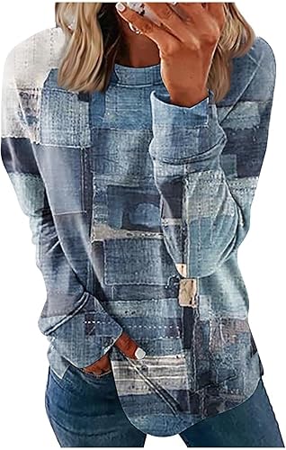 Camisetas de cuello redondo 2023 para mujer, estampado floral, manga larga, casual, de franela, blusas de otoño, camisas de ajuste holgado a la moda