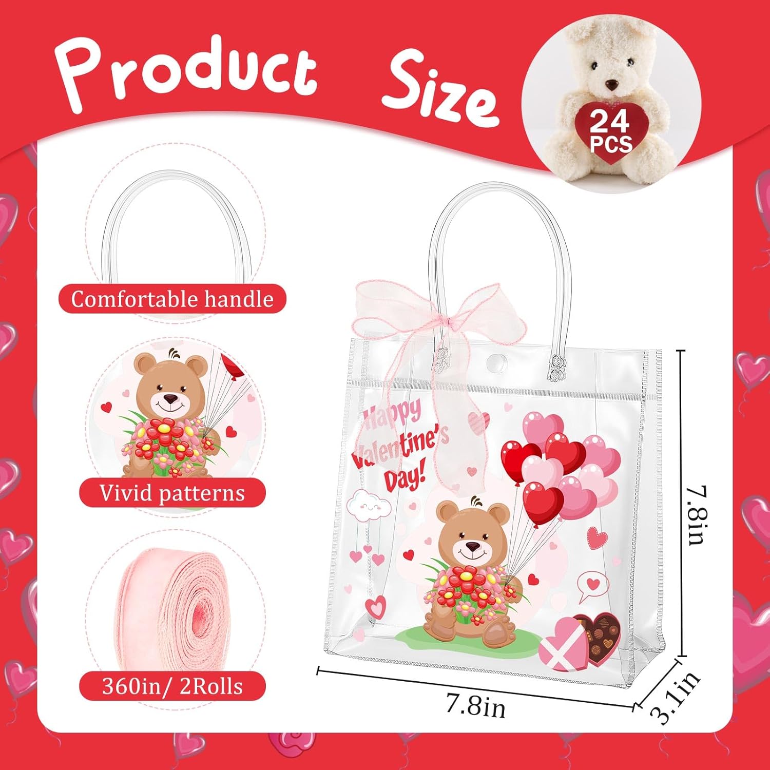 Henoyso 24 Pcs Valentines Clear Gift Bags Plastic Pink Candy Goodie Treat Bag Valentines Day Party PVC Totes with Handles Ribbon Galentines Day Party Favors, 7.8 x 7.8 x 3.1 Inches - Image 2