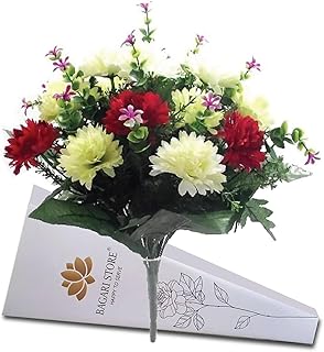 Bagari Artificial Flowers, Large Bush Grave Flowers for Cemetery, (41cm) 16" Fake Flowers for Decoration, Ivory - Light Green - Red Artificial Flowers for Outdoor & Indoor Events Weddings Home Decor