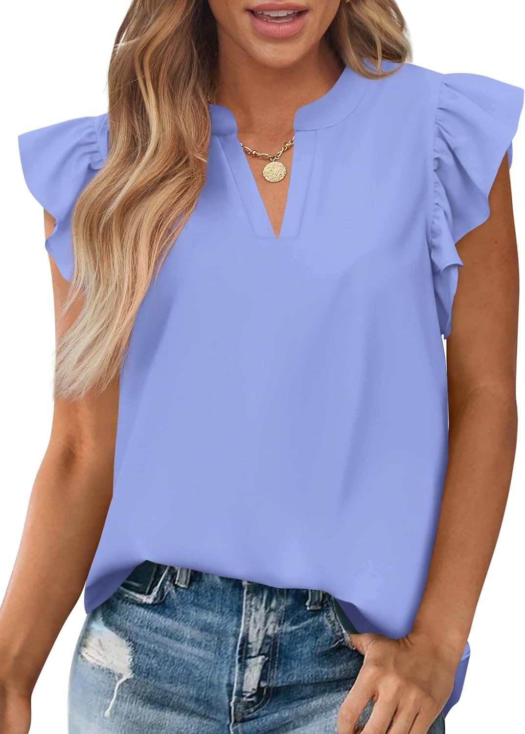 Zenlonr Womens Summer Tops 2026 Casual V Neck Ruffle Cap Sleeve Blouse Shirts Solid Color Tunic Tops