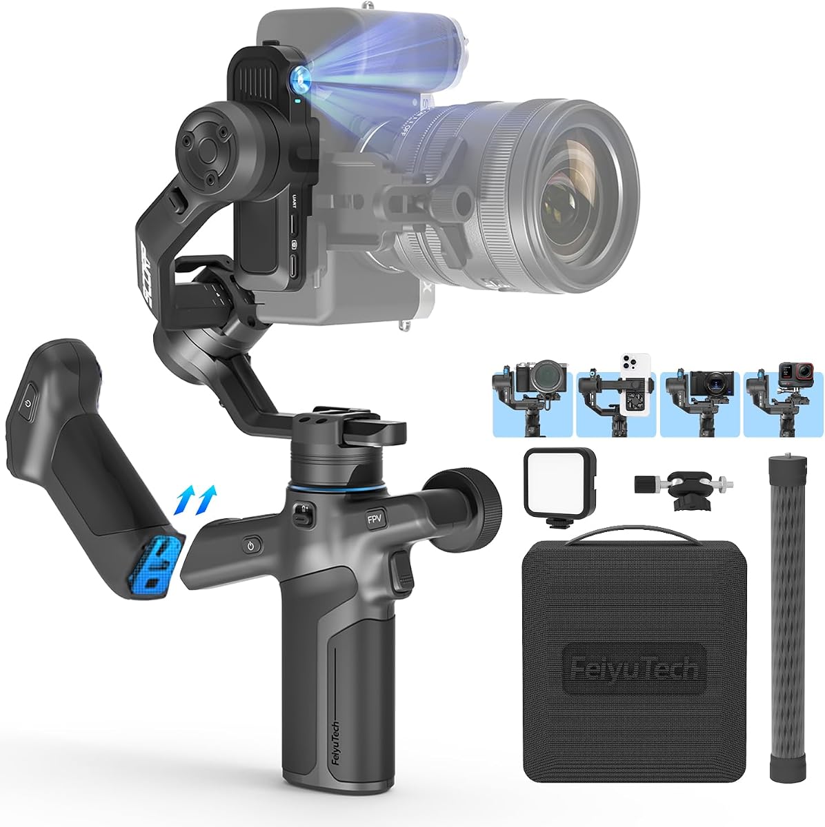 Feiyu SCORP Mini 3 Pro Kit, Gimbal Stabilizer for Camera,iPhone,Action Cam | Built-in AI Tracking , 4.4lb Payload , Detachable Screen Handle , w/Case, Light , Vertical Shoot, For Canon/Sony/Nikon Camera